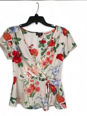 OLM Floral Peplum Faux Wrap Blouse With a 1940s flare M Coquette Retro Feminine